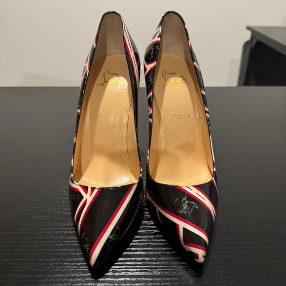 Christian Louboutin Pigalle 100 Patent Black and Red Ribbon Logo - Picture 3 of 5